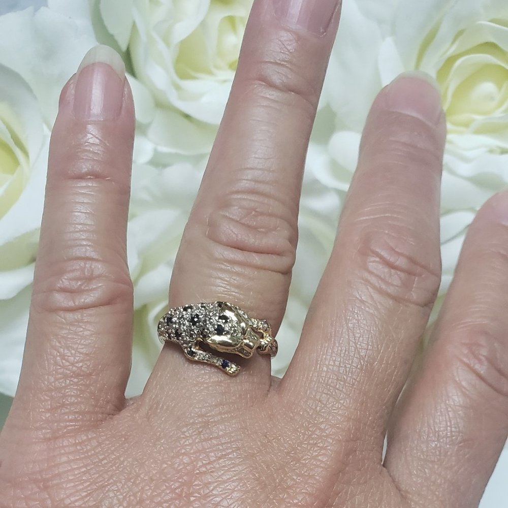 14K SOLID GOLD SAPPHIRE AND RUBY EYES PANTHER RING - Picture 9 of 11